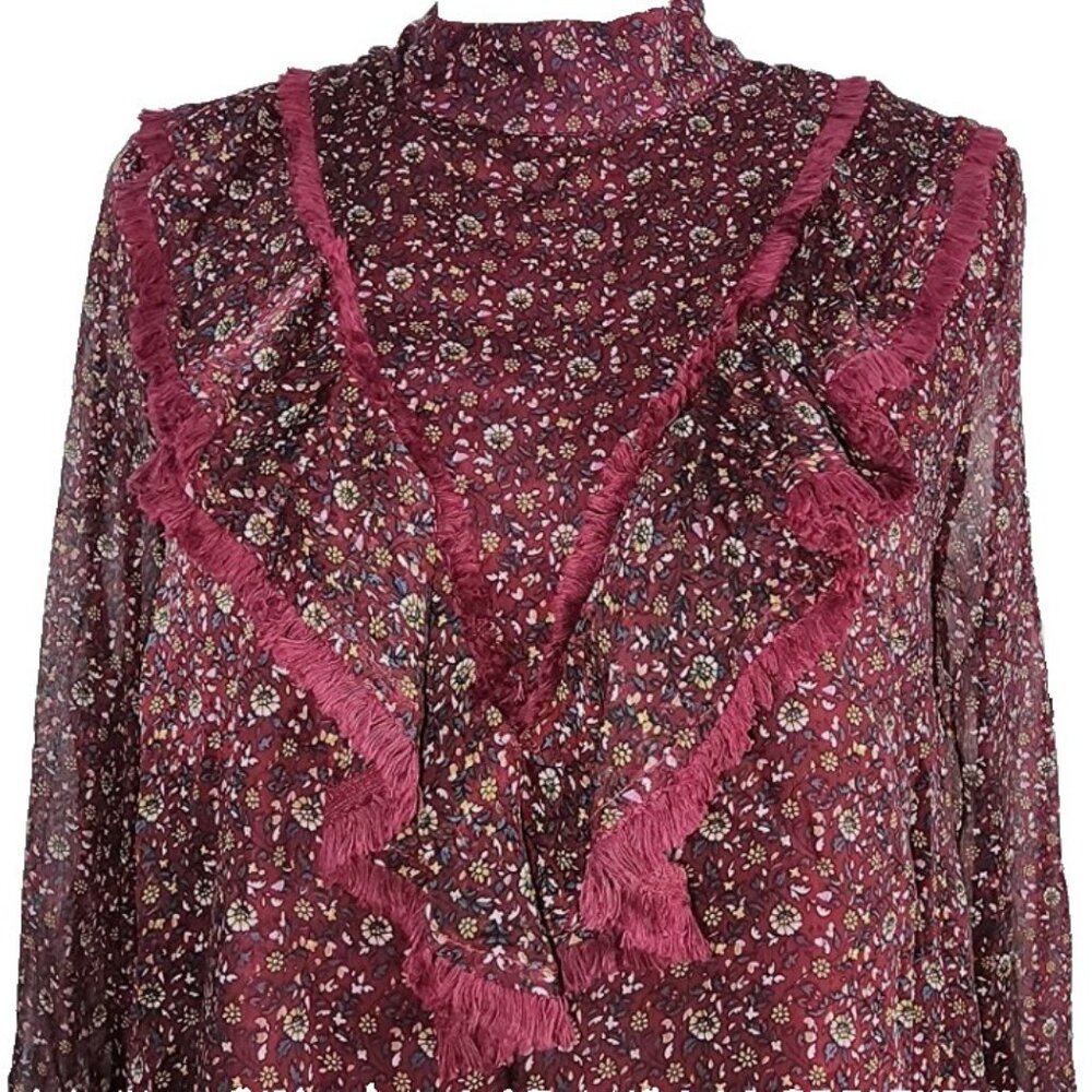 Blush Noir Women’s Floral Sheer Lined Ruffle Blouse Sz Large Burgundy Neck Bib - Picture 5 of 12